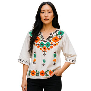 Star India Cotton Floral Embroidered Boho Top India Lightweight 3/4 Sleeve Large
